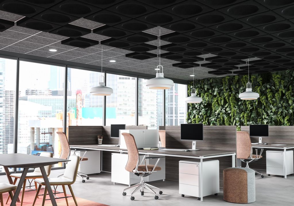 office with acoustic tiles on the ceiling to reduce noise