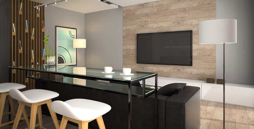 A break room in an office is furnished with laminated furniture and surfaces