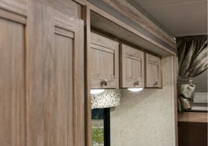 Wooden cabinets in an RV.